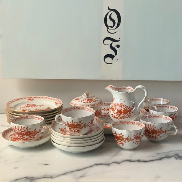 🌟Host Pic!🌟Meissen Indian Red/Orange Tea/Coffee Service for 6 - Picture 2 of 8
